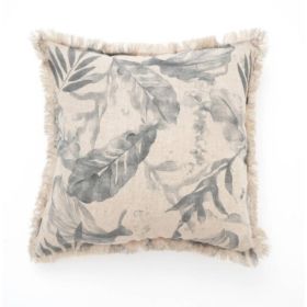 Linen Printed Cushion With Fringes  Brown (Option: gray)